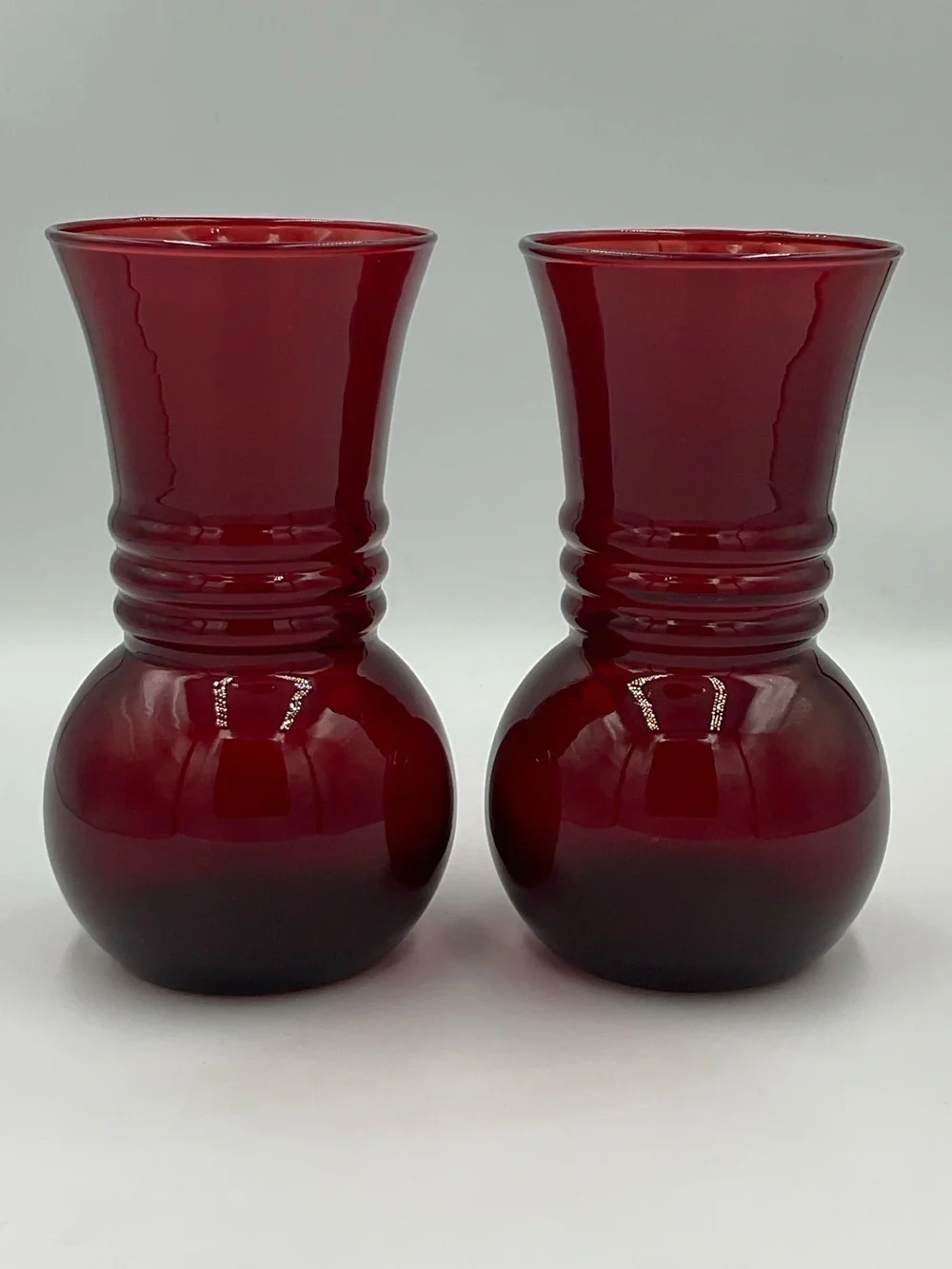 Vintage Anchor Hocking Royal Ruby Red Optic Swirl Ball Vases Set of 2